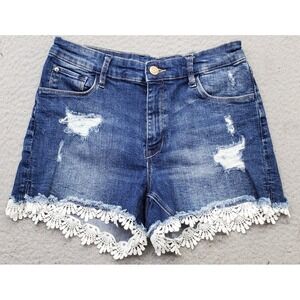 H&M Denim Shorts Womens 12-13Y Blue Distressed Lace Trim High Waisted 5-Pockets‎